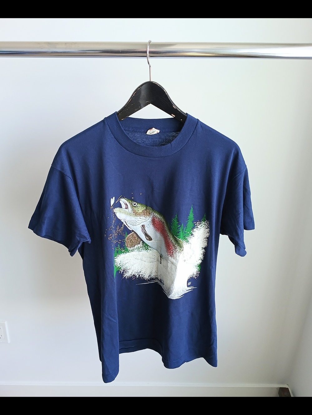 Vintage 90s Rainbow Trout Fishing T-Shirt XL Screen Stars Single Stitch Navy